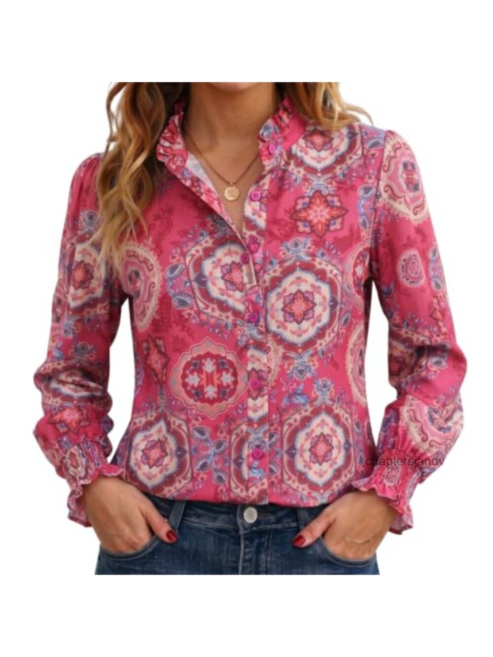 Womens Ruffle Collar Button Down Blouse Long Sleeve Dressy Casual Top